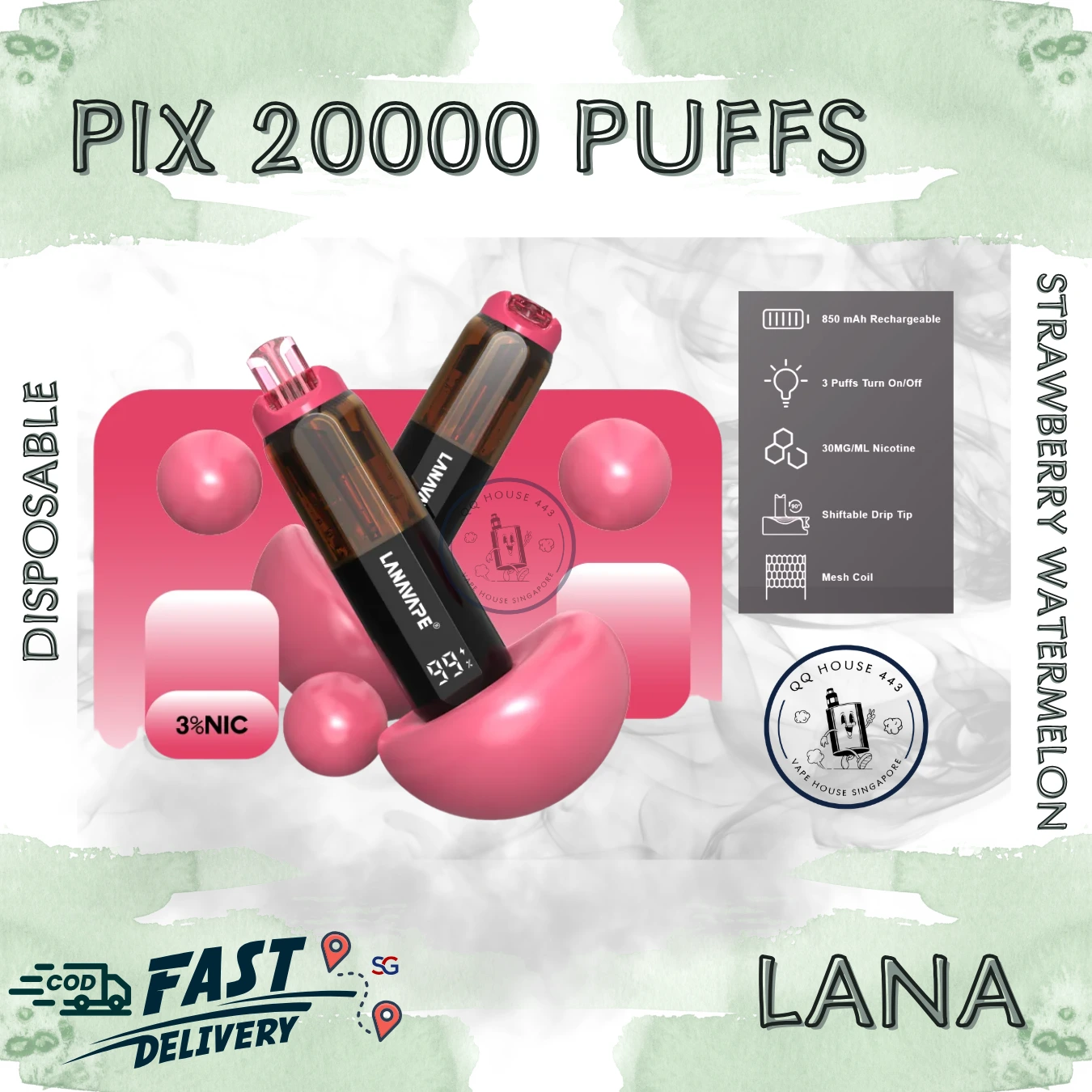 LANA PIX 閃光彈 20000口拋棄式電子煙：油芯分離黑科技，LED可視電量